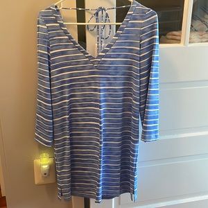 Blue striped dress with fringe back detail
